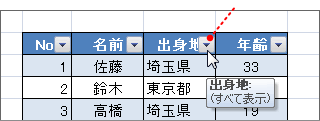 オートフィルタの選択