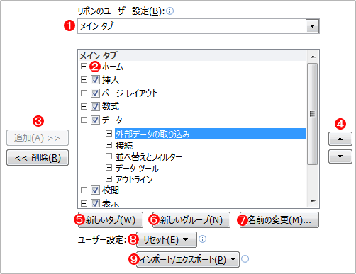 リボンのユーザー設定